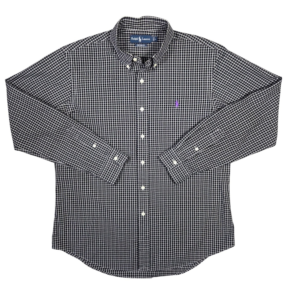Ralph Lauren Mens Custom Fit Black White Check Button Down Shirt Large Career